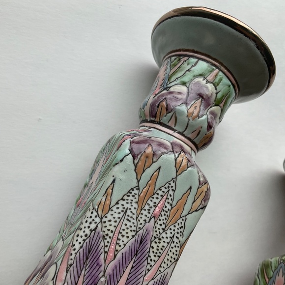 Vintage Chinoiserie Candle Holders Pastel Textured Boho Decor - One Pair… - Picture 9 of 10